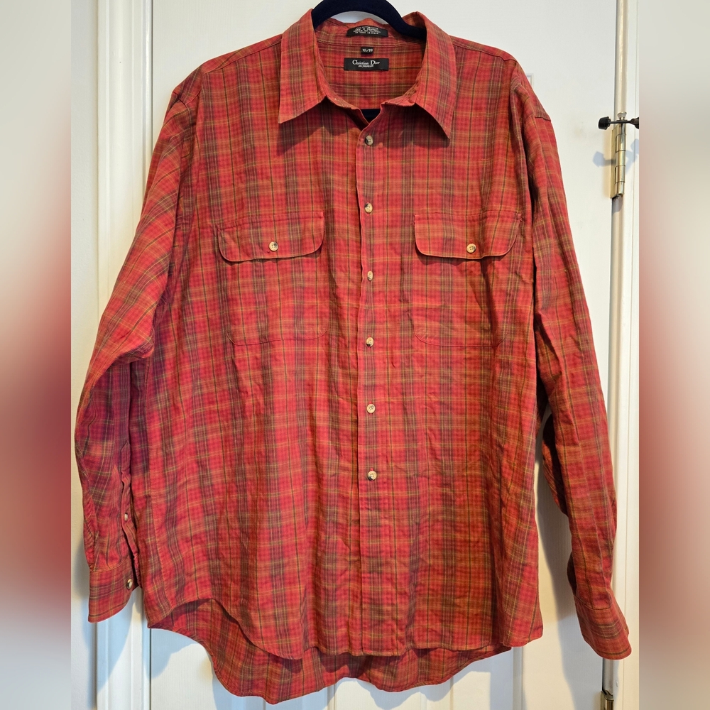 Christian Dior Monsieur XL Orange Plaid Long Sleeve Collared Button Down Shirt